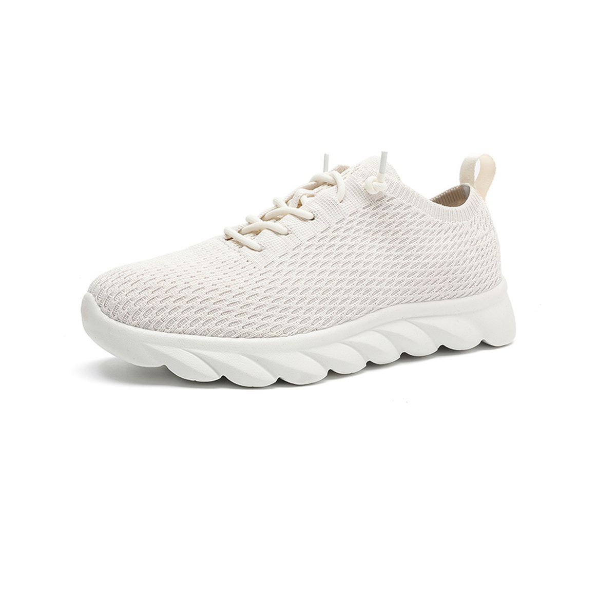 BQ027 Cream Knit Wave-Sole Lace-Up Walking Shoes